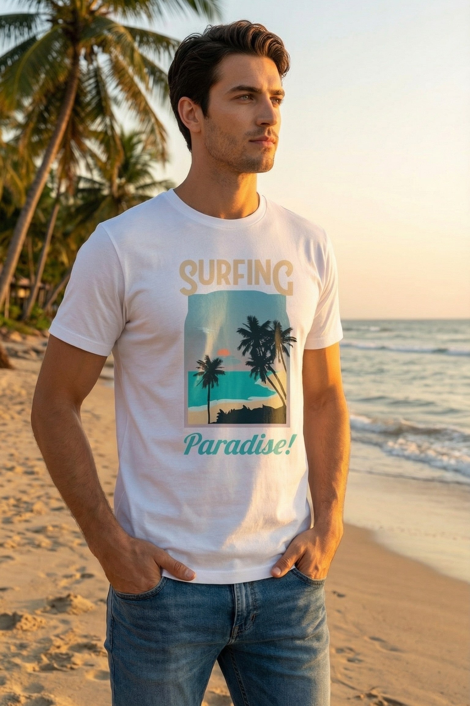 Summer Surfing T-Shirt with Palm Tree Design | Unisex Standard Crew T-Shirt