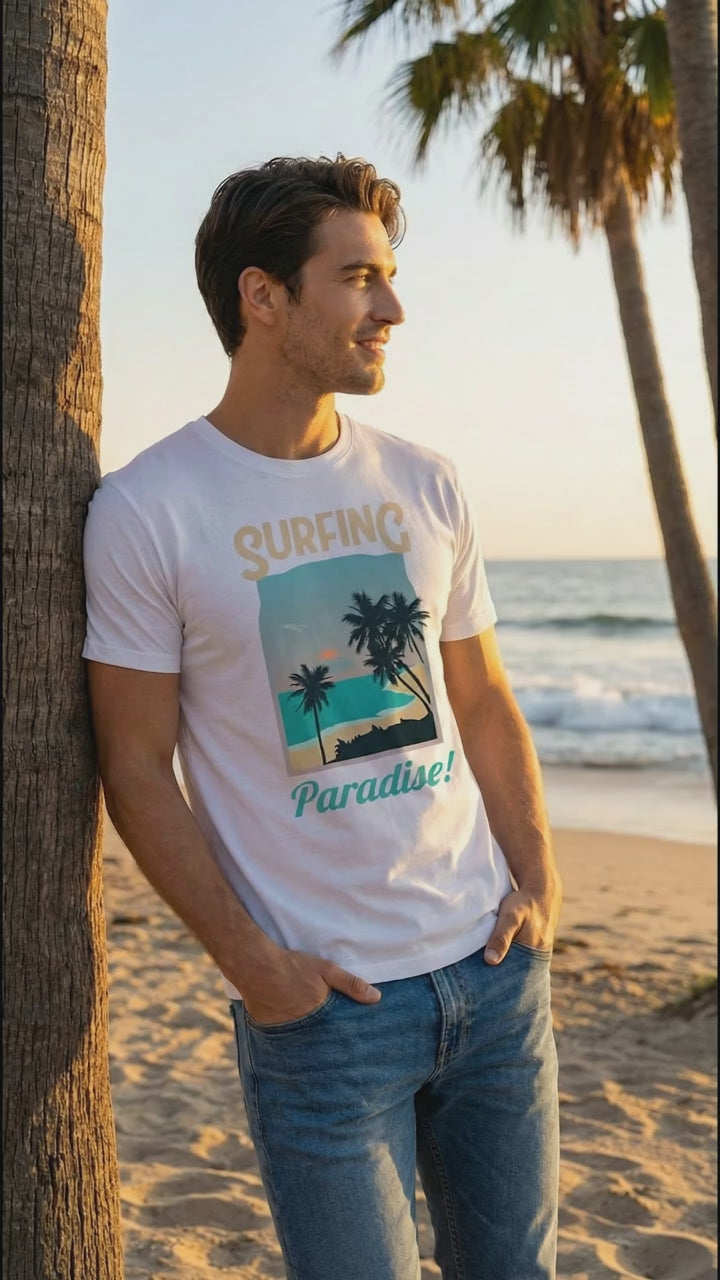 Summer Surfing T-Shirt with Palm Tree Design | Unisex Standard Crew T-Shirt
